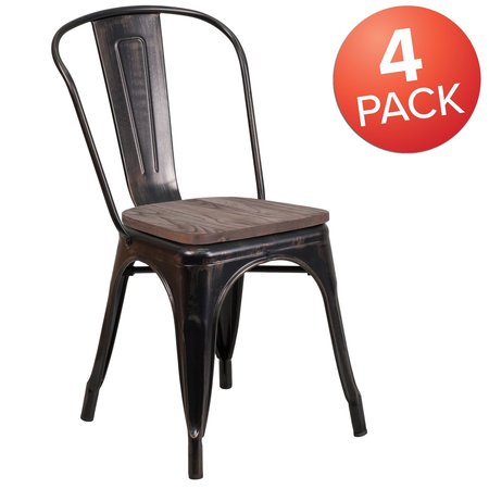 Flash Furniture Black-Antique Gold Metal Stackable Chair with Wood Seat 4-CH-31230-BQ-WD-GG